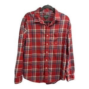 American Eagle Plaid Red Blue Button Down Women’s Flannel Size Large Boho Fall